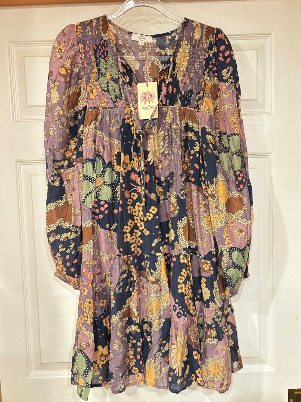 entro Navy and Pink Floral Patchwork Long-Sleeve Mini Dress